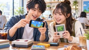 スマホと携帯ゲーム機でレトロゲームを楽しむ日本人の若者たち