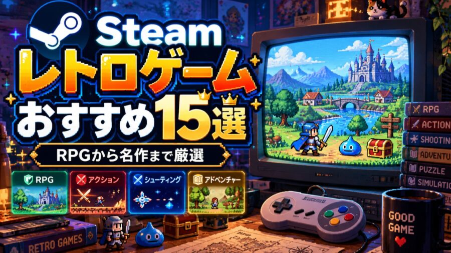 Steamレトロゲームおすすめ15選を紹介するアイキャッチ画像。CRTモニターに映るドット絵RPGの城や勇者、スライム、宝箱とレトロゲームコントローラーを配置。