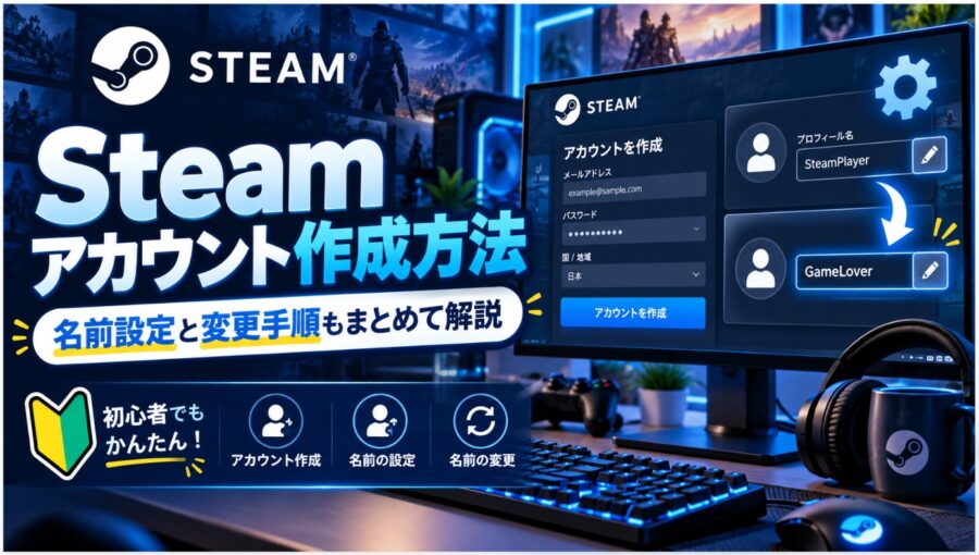 Steamアカウントの作成方法と名前の設定・変更手順を解説する画像。登録画面やプロフィール名の変更例をゲームPCのモニターに表示。