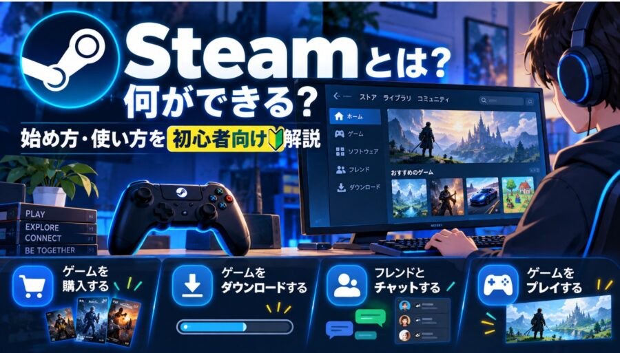 Steamとは何か、ゲームの購入・ダウンロード・フレンドとのチャット・プレイ方法を初心者向けに解説するイメージ