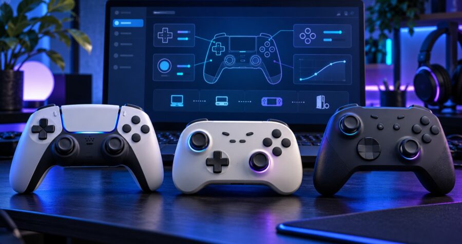 PCのコントローラー設定画面を背景に、PS5・Switch・Xbox対応をイメージした3種類のゲームコントローラーが並ぶ画像