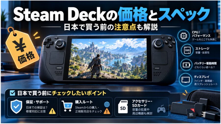 Steam Deckの価格とスペックを解説する画像。携帯型ゲーム機を中心に、CPU性能、ストレージ、バッテリー、ディスプレイ、日本で購入する際の注意点を紹介。
