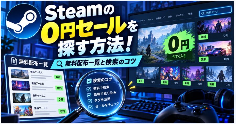 Steamの0円セールの探し方を紹介する画像。無料配布ゲーム一覧、0円表示のゲーム画面、検索のコツを示す虫眼鏡を掲載。