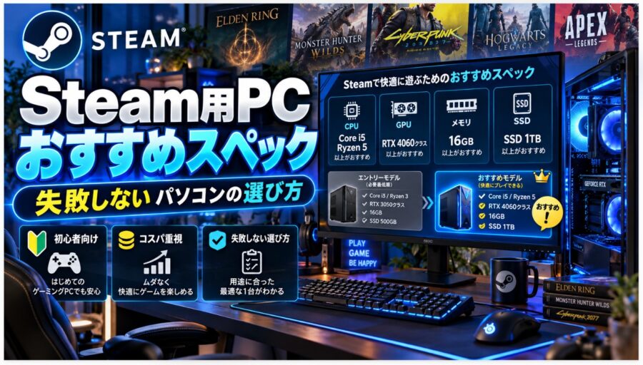 Steam用PCのおすすめスペックと失敗しないパソコンの選び方を解説する画像。ゲーミングPCとCPU・GPU・メモリ・SSDの推奨スペックを表示。