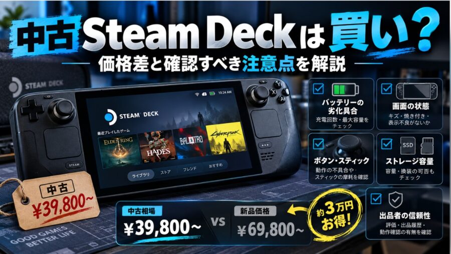 中古Steam Deckは買い?新品との価格差を比較し、バッテリー劣化や画面の状態、ボタンの動作など購入前の注意点を解説する画像。